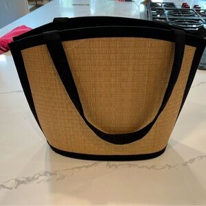 Stylish Tan and Black Wicker Style Tote Bag